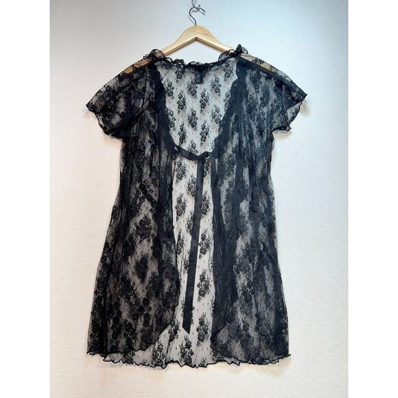 Smart & Sexy Sheer Robe Lingerie Womens L Black Floral Lace Sleepwear Tie Front - Picture 10 of 12